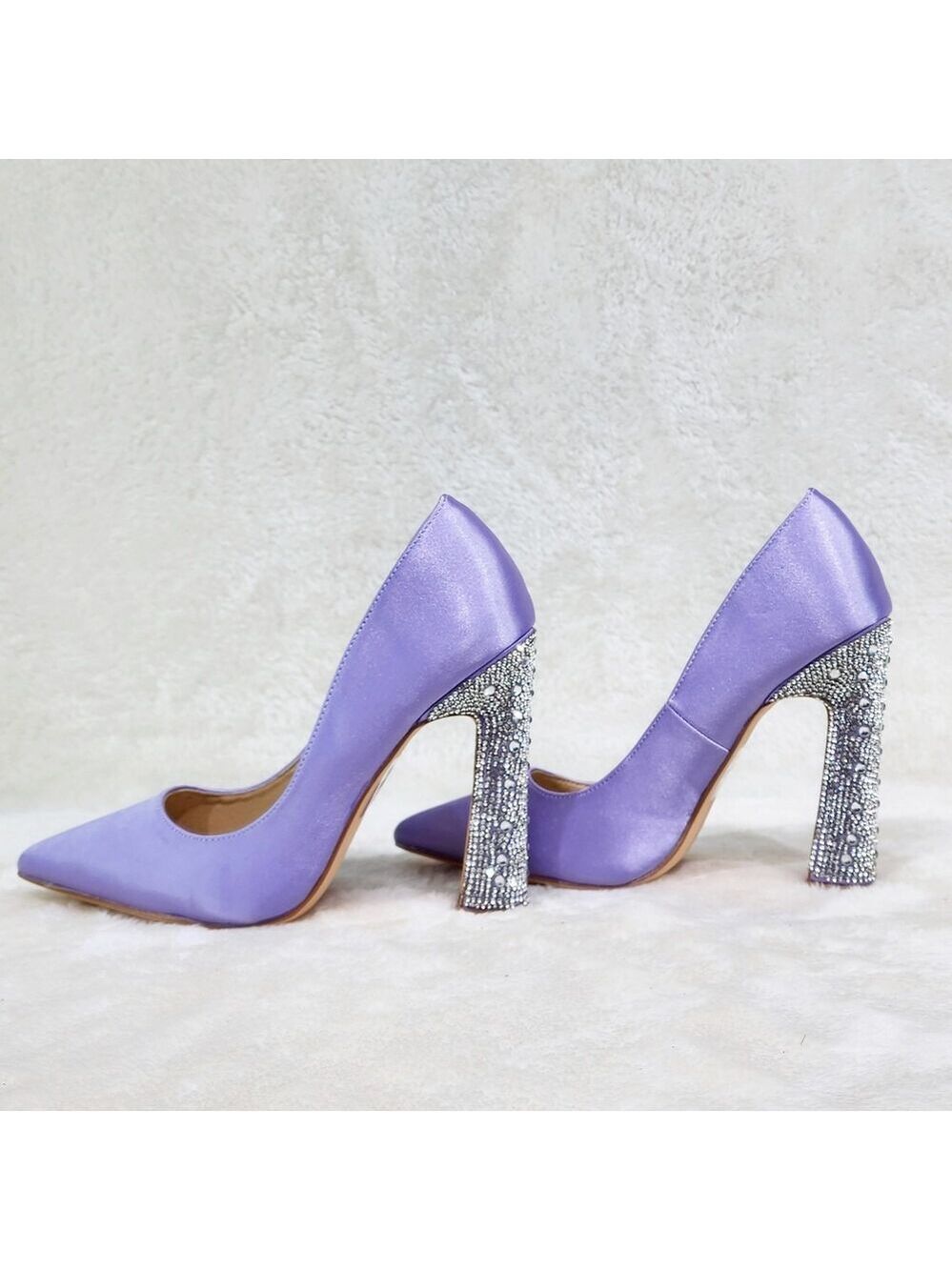 NIB Klume Lilac Purple Satin Pumps Chunky Rhinestone High Heel Evening Party Sh